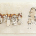 ‘Reflection’ #3 Handmade abaca paper, Xerox transfer of drawings, printed tissue, thread and pins. 10x22”